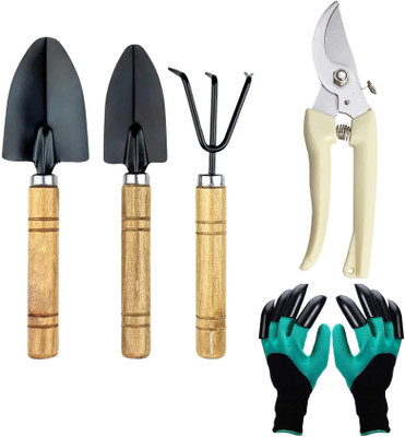 AJICA Wooden Gardening Tools Set with 1 Pair Claw Gloves & Garden Cutter (Set of 5) Garden Tool Kit(5 Tools)