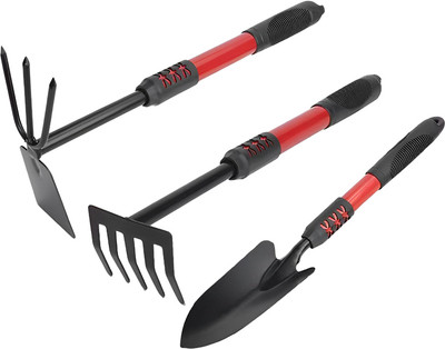 SERPLEX Three Piece Gardening Set Steel Rake Shovel Hoe Fork Tool Garden Tool Kit(3 Tools)