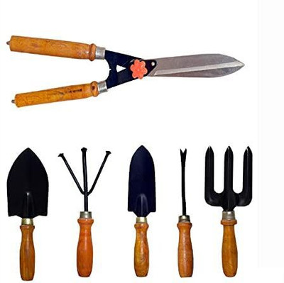 IBEX Garden Tool Kit with Wooden Handle - Trowel Set of 5 and Hedge Shear Garden Tool Kit(6 Tools)