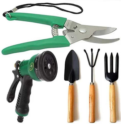 AGT Garden Tool Set Water Spray Trigger, Small Trowel, Hand Rake, Fork & Pruner/Cutter for Gardening Garden Tool Kit(5 Tools)