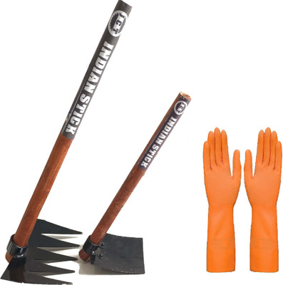 JCT AGRICO HEAVY IRON RAKE,MINI SPADE WITH WOODEN HANDLE (70,50CM) &1 PAIR OF RUBBER GLOVES Garden Tool Kit(4 Tools)