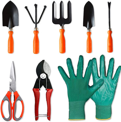 IBEX Garden Trowel Set of 5 with Double Cut and Gloves Garden Tool Kit(8 Tools)