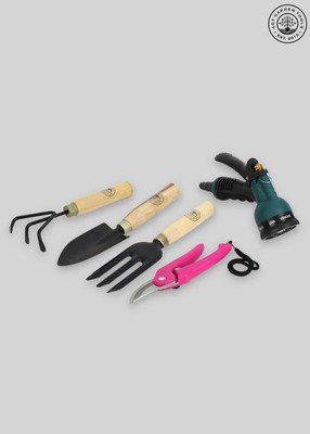 AGT Garden Tool Set Water Spray Trigger, Small Trowel, Hand Rake, Fork & Pruner/Cutter for Gardening Garden Tool Kit(5 Tools)
