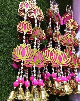 ViRushkA Lotus Hanging for Decoration|4 Strings| 3 Tier MDF Floral Wall Hanging with Bell Pack of 4(Pink & Golden)