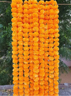 ARKCreations Artificial Marigold Fluffy Flower Garland for Door Hangings Garland(Orange) Plastic Garland(Orange)