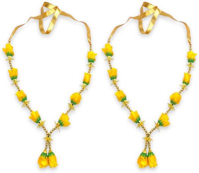 Bhakti Lehar (Size: 12 Inch) Artificial Yellow Rose Mala for Photo Frame |Handmade Gulab Satin Plastic, Artificial Moti Garland(Yellow, Gold)