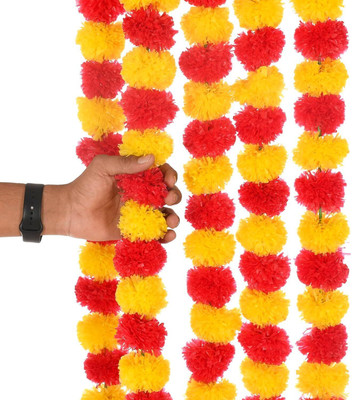 UD HUB artificial marigold genda flower mala | garland for home decoration Red, Yellow Marigold Artificial Flower(60 cm, Pack of 5, Garlands)