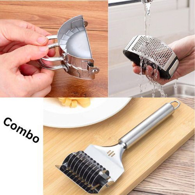 JENUK Garlic Crusher + Noodle Cutter + Momos Maker Combo – Kitchen Tools Set Garlic Press(Silver)