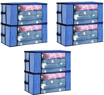 Ryboa Haima Non Woven Foldable Multipurpose Underbed Storage Bag Wardrobe Organizer Transparent Window Blanket Cover and Zipper Closer With Side Handles (Set of 6)(Blue)