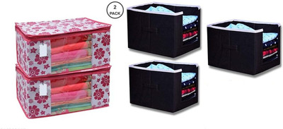 AQSA ENTERPRISE Floral Printed Saree Cover Storage Bag with Transparent Window | Foldable Clothes Organizer for Wardrobe | Non-Woven Fabric Saree/Cloth Pink Floral Print Saree Cover-P2_Shirt Stacker Black-P3(Pink, Black)