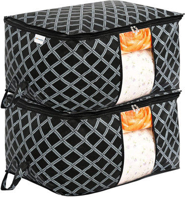 HOMESTIC by Kuber Industries Underbed Storage Bag Non-Woven Check Print Jumbo Underbed Storage Bag With Handle Pack of 2 (Black) 200000000065798_HT(Black)