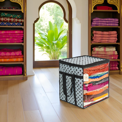 AMAK INC Polka Dot Non-Woven Saree Cover Organizer – 90 GSM Fabric, Transparent Front Window, Double Zipper & Sturdy Handles | Foldable Cloth Storage Box for Wardrobe (50L, Pack of 1) SFXL7773169842988(Black, White)