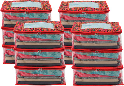 KUBER INDUSTRIES Saree Cover Chaudi Lace Printed Visible Window Saree Bag for Lehenga|6 Inch|Pack of 12|Red Cloth Storage(Red)
