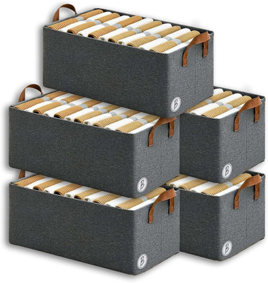 Vervita 5 PCS Wardrobe Organizer for Clothes with Metal Frame Rectangle Storage Baskets Fabric Storage Box with Handles Shelf Basket for Storage Clothes Pants Jeans(Grey)