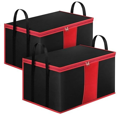 Milan Craft Set of 2 Non Woven Moisture Proof Rectangular Big Underbed Clothes Storage Organizer Bag Foldable Blanket Cover with Zipper and Side Handles(Black, Red)
