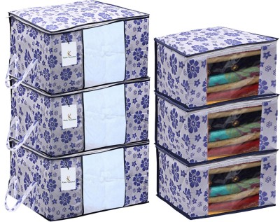 Billion Designer Flower Printed Non Woven 3 Pieces Saree Cover And 3 Pieces Underbed Storage Bag, Cloth Organizer For Storage, Blanket Cover Combo Set (Royal Blue) -BILLION38624 BILLION038624(Royal Blue)