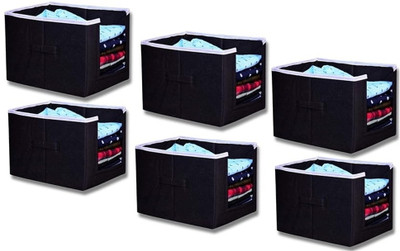 ZENCRAFT Open Front Non-Woven Fabric Shirt Stacker Organiser | Large Foldable Cloth Storage Box with Handle for Wardrobe T-Shirts, Shirts, Jeans, Sweaters, and More 5 Pieces(Black)