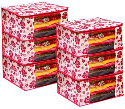 MERAO Non Woven Saree Cover Storage Zipper Bag Organiser For Wardrobe(Pink SET OF 6) Cotton Laundry Bag(Pink)