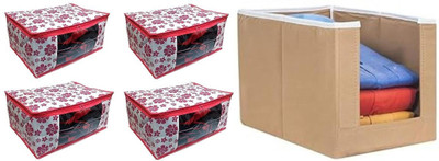 AQSA ENTERPRISE Floral Printed Saree Cover Storage Bag with Transparent Window | Foldable Clothes Organizer for Wardrobe | Non-Woven Fabric Saree/Cloth Pink Floral Print Saree Cover-P4_Shirt Stacker Beige-P1(Pink, Beige)