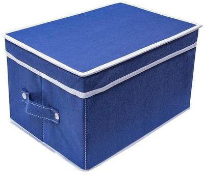 ROYSA Multipurpose Foldable Storage Box with Lid & Handle | Non-Woven Fabric Organizer for Clothes, Toys, Accessories, Books & Household Items Durable, Space-Saving & Dustproof Storage Solution Pack of 1(Blue)