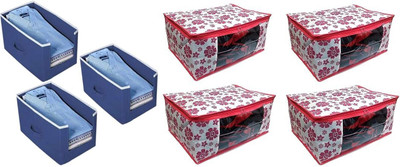 AQSA ENTERPRISE Floral Printed Saree Cover Storage Bag with Transparent Window | Foldable Clothes Organizer for Wardrobe | Non-Woven Fabric Saree/Cloth Pink Floral Print Saree Cover-P4_Shirt Stacker Blue-P3(Pink, Blue)