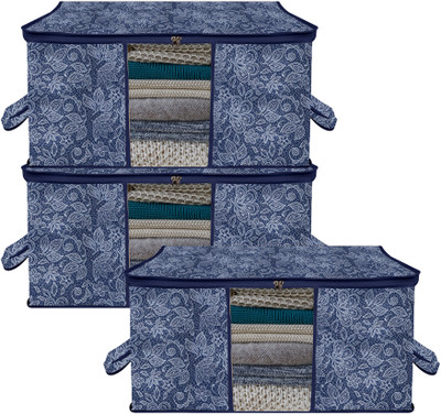 KUBER INDUSTRIES Garment Cover Flower Print Underbed Storage Bag with View Window & Handle|Pack of 3| Clothes Storage Bag(Navy Blue)