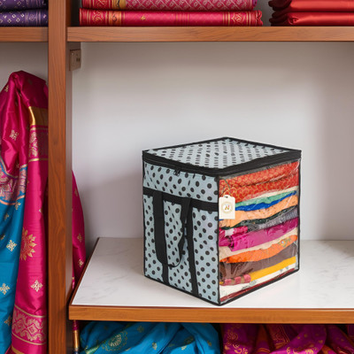 PRAHAN INTERNATIONAL Polka Dot Non-Woven Saree Cover Organizer – 90 GSM Fabric, Transparent Front Window, Double Zipper & Sturdy Handles | Foldable Cloth Storage Box for Wardrobe (50L, Pack of 1) SFXL7773159842814(Black, White)