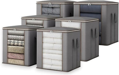 farhan bags Extra Large Blanket Storage Bags 90L Dustproof Transparent Window Pillow Sheet Foldable Clothes Storage Organizer Container Reinforced Handles Breathable For Double Bed Quilt, Saree Bag, Lehnga Storage & Wardrobe Organizing | Combo of 6(Grey)