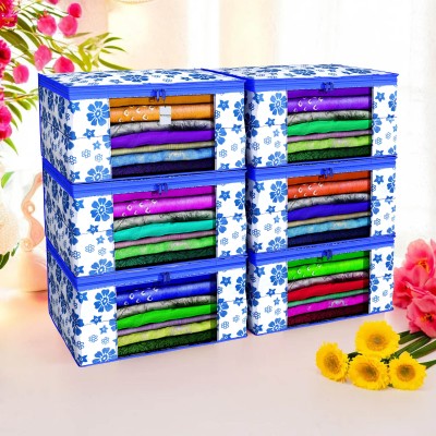 HOMESTIC Saree Cover (Pack of 6) Foldable 9 Inch Flower Print Non-Woven Saree Covers | Blue Cloth Storage(Blue)