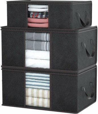 Craficial Combo Of 3 Underbed Storage Bag With Side Handles Storage Organizer Blanket Storage Bag for Wardrobe Organizer Blanket Cover with a large Transparent Window(Black)