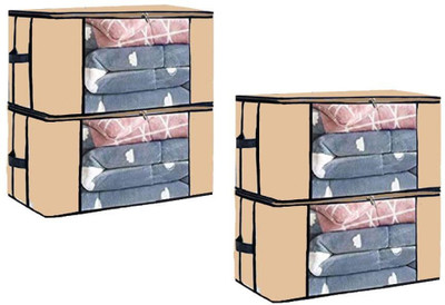 FIGMARFA Set of 4 Foldable Non Woven Fabric Storage Bags with Transparent Window & Zip Closer Multipurpose Storage Organizers for Clothes, Sarees, Blankets, Quilts, Toys – Large Capacity Bags(Beige)