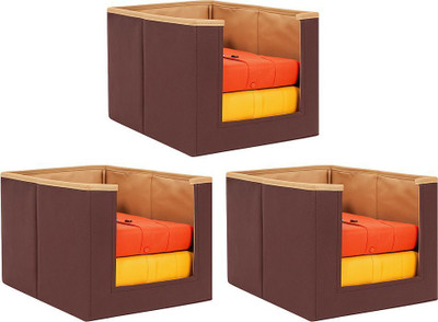 THAILIWALE Foldable Non-Woven Shirt Stacker Organizer Box Front Open Cloth Storage Box Wardrobe Organizer for Clothes (Pack of 3)(Beige, Brown)