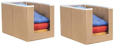 ZENCRAFT Open Front Non-Woven Fabric Shirt Stacker Organiser | Large Foldable Cloth Storage Box with Handle for Wardrobe T-Shirts, Shirts, Jeans, Sweaters, and More Combo of 2(Beige)