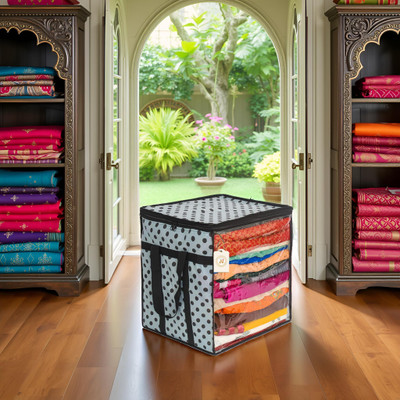 AMAK INC Polka Dot Non-Woven Saree Cover Storage Box with Transparent Window & Dual Zipper | Foldable Cloth Organizer for Wardrobe (90 GSM, Large, Pack of 1 SFRX177 Luggage Cover(Non-Woven Fabric (90 GSM), White, Black)
