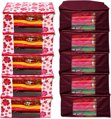 adhira creations Sotrage Box/Travel Box/Wardrobe Organizer/Cloths Cover Saree Cover Pack of 10Pcs Non Woven Fabric Best Stitching & High Quality Product Cloth Organizer/Wardobe Organizer with transparent window(Pink & Maroon)