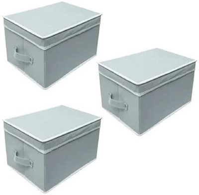 infinity craft Storage Box Foldable Organizer for Cloths, kid's toy with Top Lid Store Other Household Items (Pack of 3)(Grey)