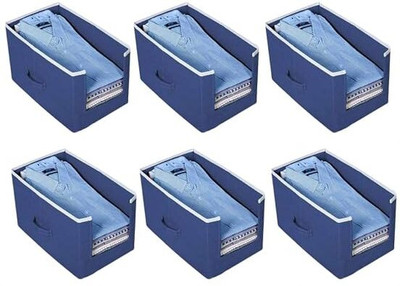 ZENCRAFT Open Front Non-Woven Fabric Shirt Stacker Organiser | Large Foldable Cloth Storage Box with Handle for Wardrobe T-Shirts, Shirts, Jeans, Sweaters, and More Pack of 6(Blue)