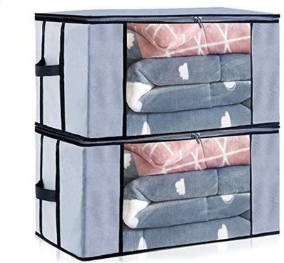 AQSA ENTERPRISE Large Capacity Foldable Storage Bag with Transparent Window & Zipper | Non-Woven Organizer for Blanket, Sarees, Clothes, Comforters & Woolens | Breathable Fabric Storage Bag with Side Handles Combo of 2(Grey)