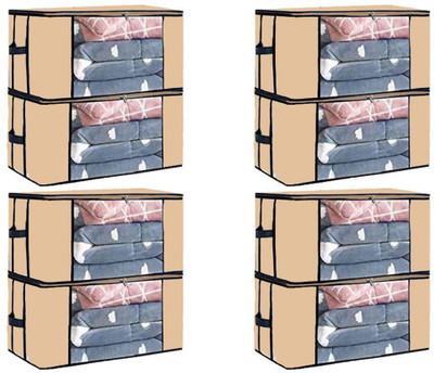 ZENCRAFT Set of 8 Foldable Non Woven Fabric Storage Bags with Transparent Window & Zip Closer Multipurpose Storage Organizers for Clothes, Sarees, Blankets, Quilts, Toys – Large Capacity Bags(Beige)