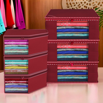 KUBER INDUSTRIES Designer Non Woven 3 Piece Saree Cover/Cloth Wardrobe Organizer And 3 Pieces Blouse Cover Combo Set (Maroon) -CTKTC38397 CTKTC038397(Maroon)