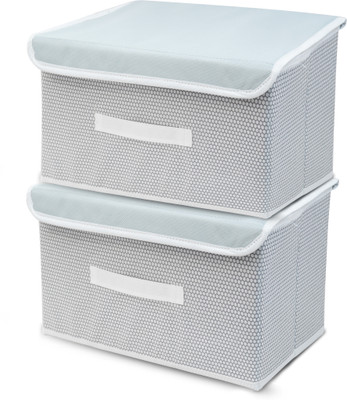 Mteaser Set of 2 Big Non-Woven Storage Box Wardrobe Closet Organizer Foldable Stackable Basket/Bins with Lid and Handle(Grey)