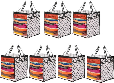 UjalaMultipack Saree Cover with Front Window and Side Handle and Side Handle |Stackable Clothes Storage Organizer PACK OF 07(BLACK DOT)
