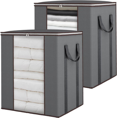 infinity craft Extra Large Blanket Storage Bags 90L Dustproof Transparent Window Pillow Sheet Foldable Clothes Storage Organizer Container Reinforced Handles Breathable For Double Bed Quilt/Saree Bag/Lehnga Storage & Wardrobe Organizing (Set of 2)(Grey)