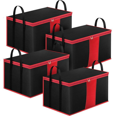 Anany Pack of 4 Large Foldable Storage Bags with Zipper for Clothes & Sarees Durable Non Woven Clothes Organiser with Handles Multipurpose Organizer Blanket Storage Bag for Wardrobe, Travel & Home(Red & Black)