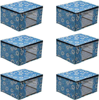 bapu creation 100 gsm white flower with blue background sari cover packof6(Blue)