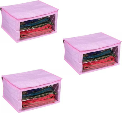 Sunesh Creation Non Woven Fabric Cloth Cover Organiser Extra Large Saree Cover/Clothes Organiser for Wardrobe Set with Transparent Window Pack of 3(Pink)