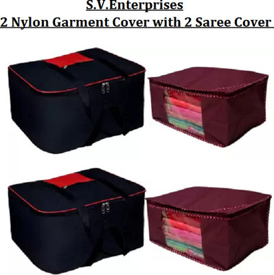 S.V.Enterprises 2 Nylon Bag With 2 Saree Cover Large Nylon Storage Bag Moisture Proof | Cloth Organizer Storage Bag Useful for Saree Cover | Cloth Bag,Storage Box, Wardrobe organizer (Pack of 4)(Red & Black)