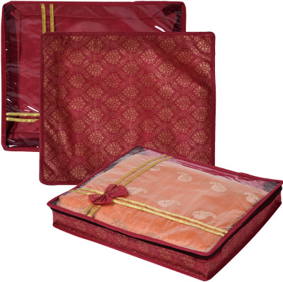 KUBER INDUSTRIES Saree Cover Bow Golden Printed Top Visible Window Saree Storage Bag|3 Inch|Pack of 3|Maroon 82KM17020(Maroon)