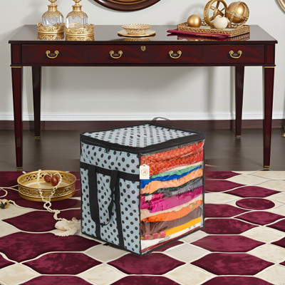 AMAK INC Polka Dot Non-Woven Saree Cover Storage Box with Transparent Window & Dual Zipper | Foldable Cloth Organizer for Wardrobe (90 GSM, Large, Pack of 1 SFXM404 Luggage Cover(Non-Woven Fabric (90 GSM), White, Black)