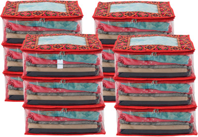 HOMESTIC by Kuber Industries Saree Cover Chaudi Lace Printed Visible Window Saree Bag for Lehenga|6 Inch|Pack of 12|Red Cloth Storage(Red)